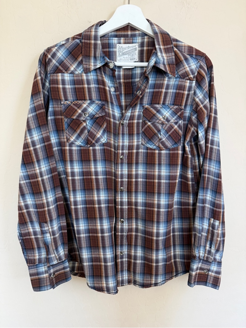 Overdrive Clothing Y2K Brown Plaid Long-Sleeve Shirt Rodeo Western Boho Large